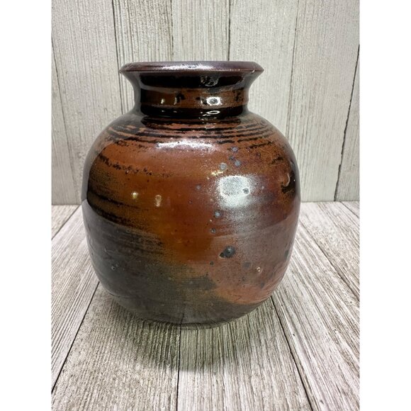 Vtg  4.5 inch Vase Stoneware Pottery Ceramic Dark Brown Galaxy Glaze MCM - Picture 3 of 7